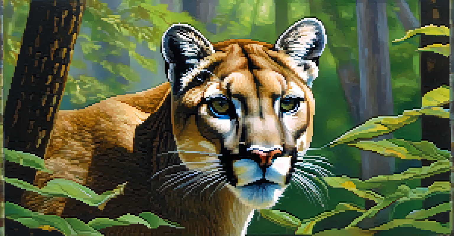 A camera trap in a forest capturing a mountain lion walking by.