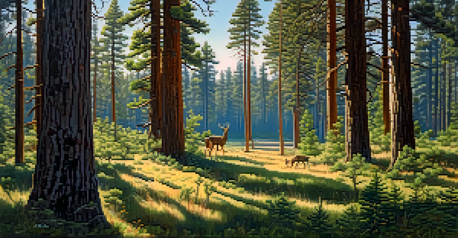 A serene ponderosa pine forest with a deer grazing among wildflowers.