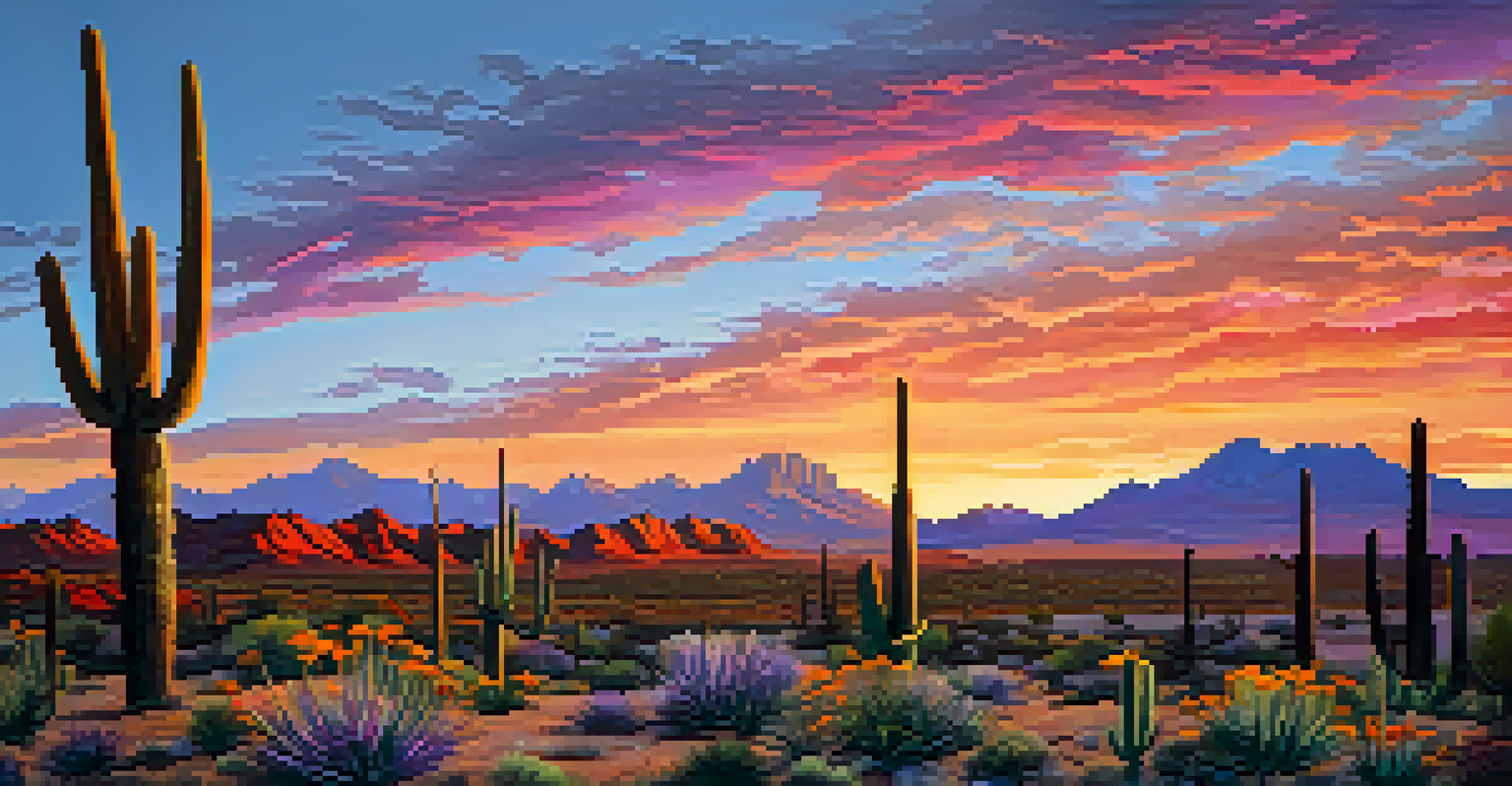 A picturesque Arizona desert scene at sunset with saguaro cacti and colorful sky.