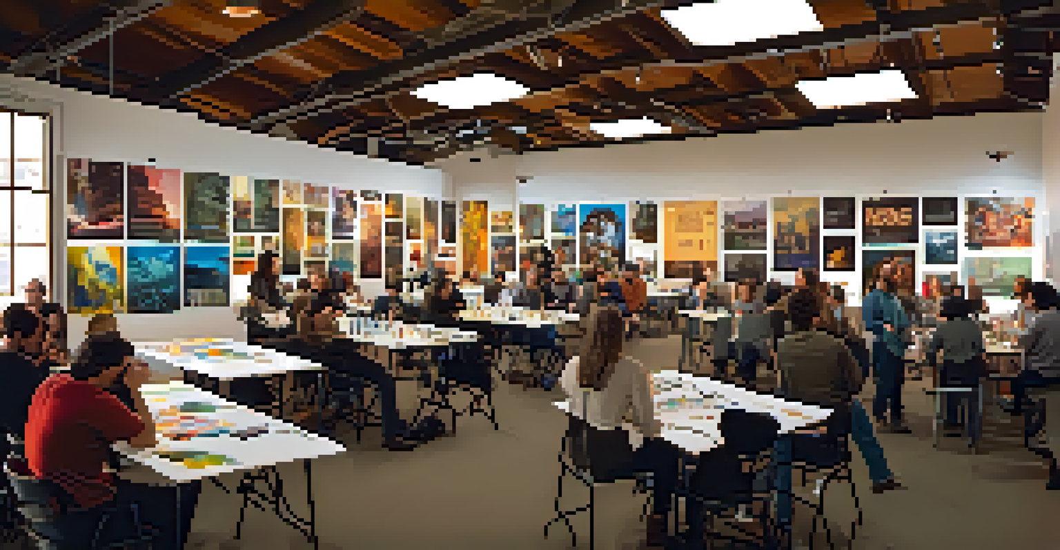 A dynamic workshop at the Tucson Indie Film Festival with aspiring filmmakers interacting with professionals amidst vibrant posters and equipment.