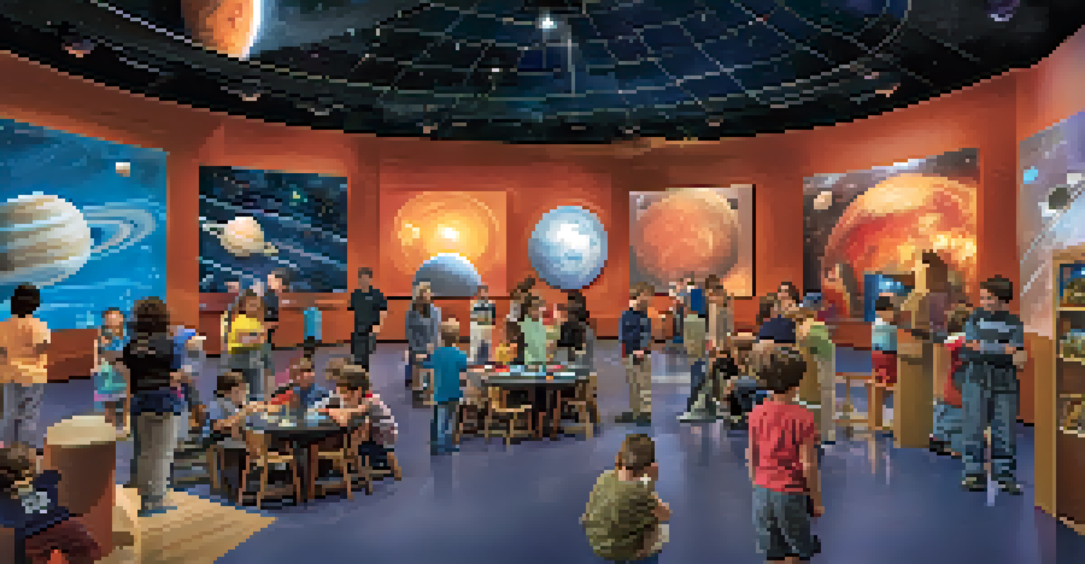 Children and families engaging with space exploration exhibits in an Arizona planetarium, surrounded by colorful displays and soft lighting.