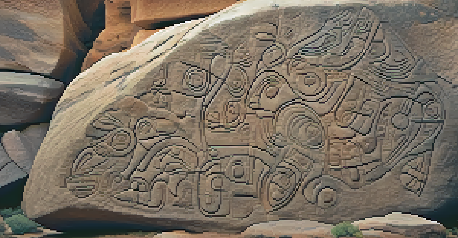 Close-up of ancient petroglyphs on a rocky surface with natural lighting.