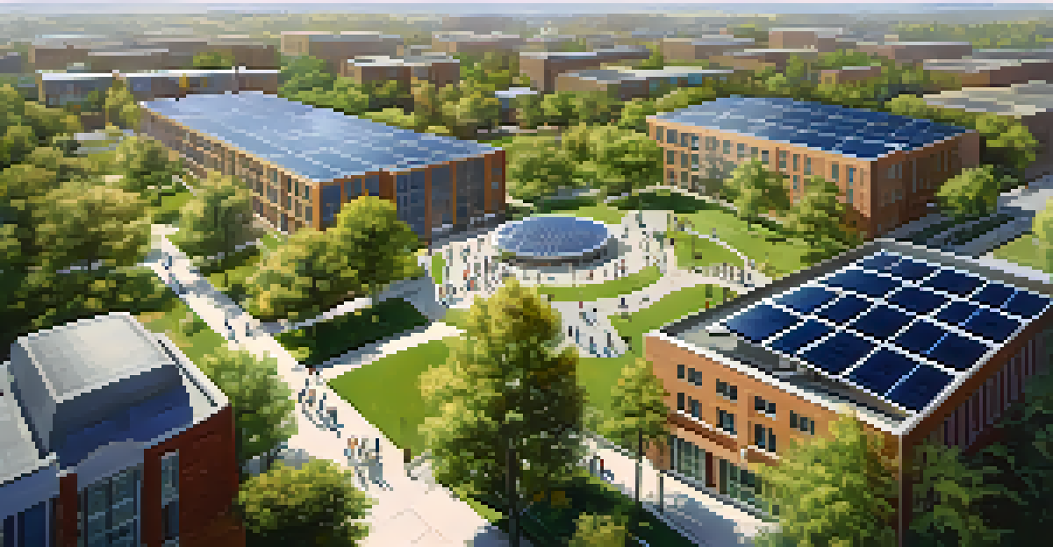 Aerial view of a university campus with solar panels and students biking, showcasing sustainable practices.