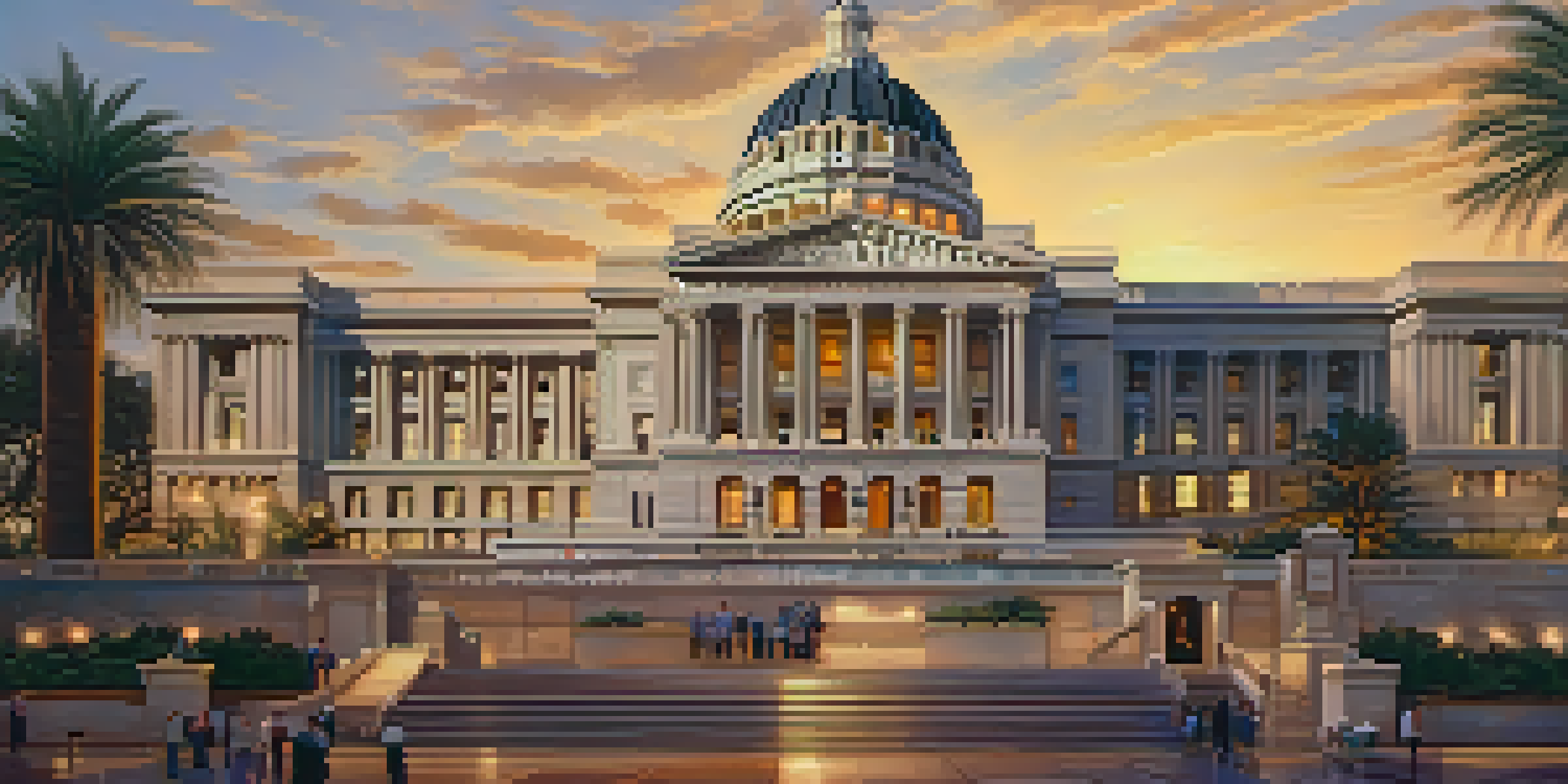 A beautifully lit Arizona State Capitol building with a blend of historic and modern features, showcasing people enjoying the space.