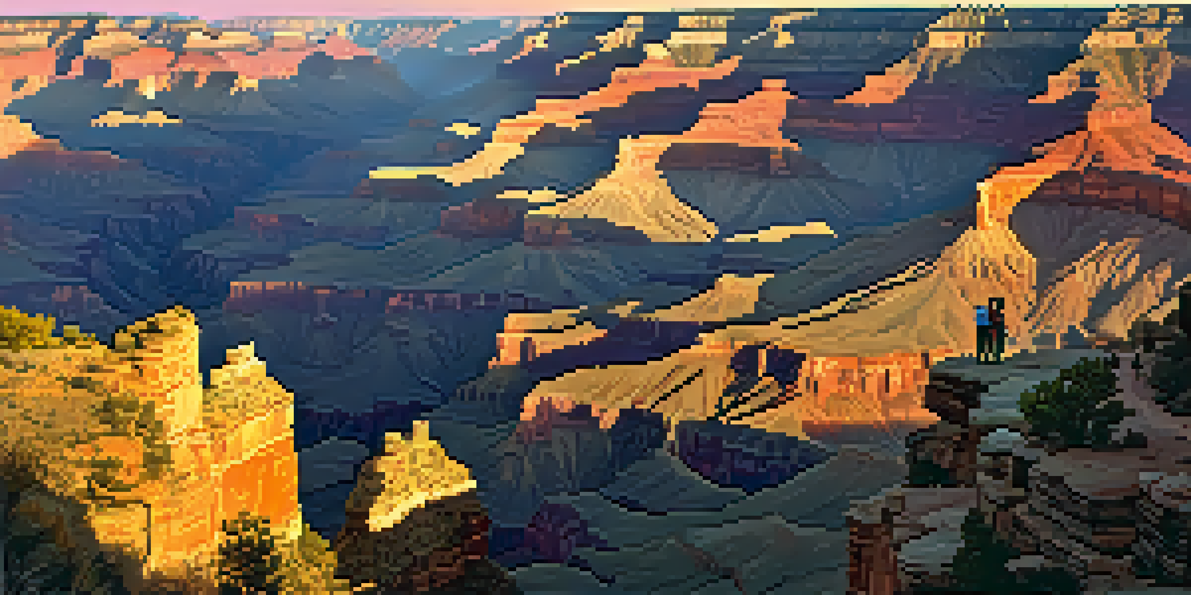 A panoramic view of the Grand Canyon at sunrise with tourists in the foreground admiring the colorful landscape.