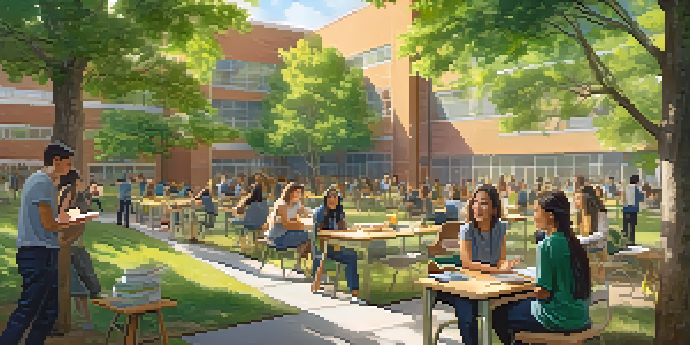 Students participating in a sustainability workshop on a university campus surrounded by greenery.