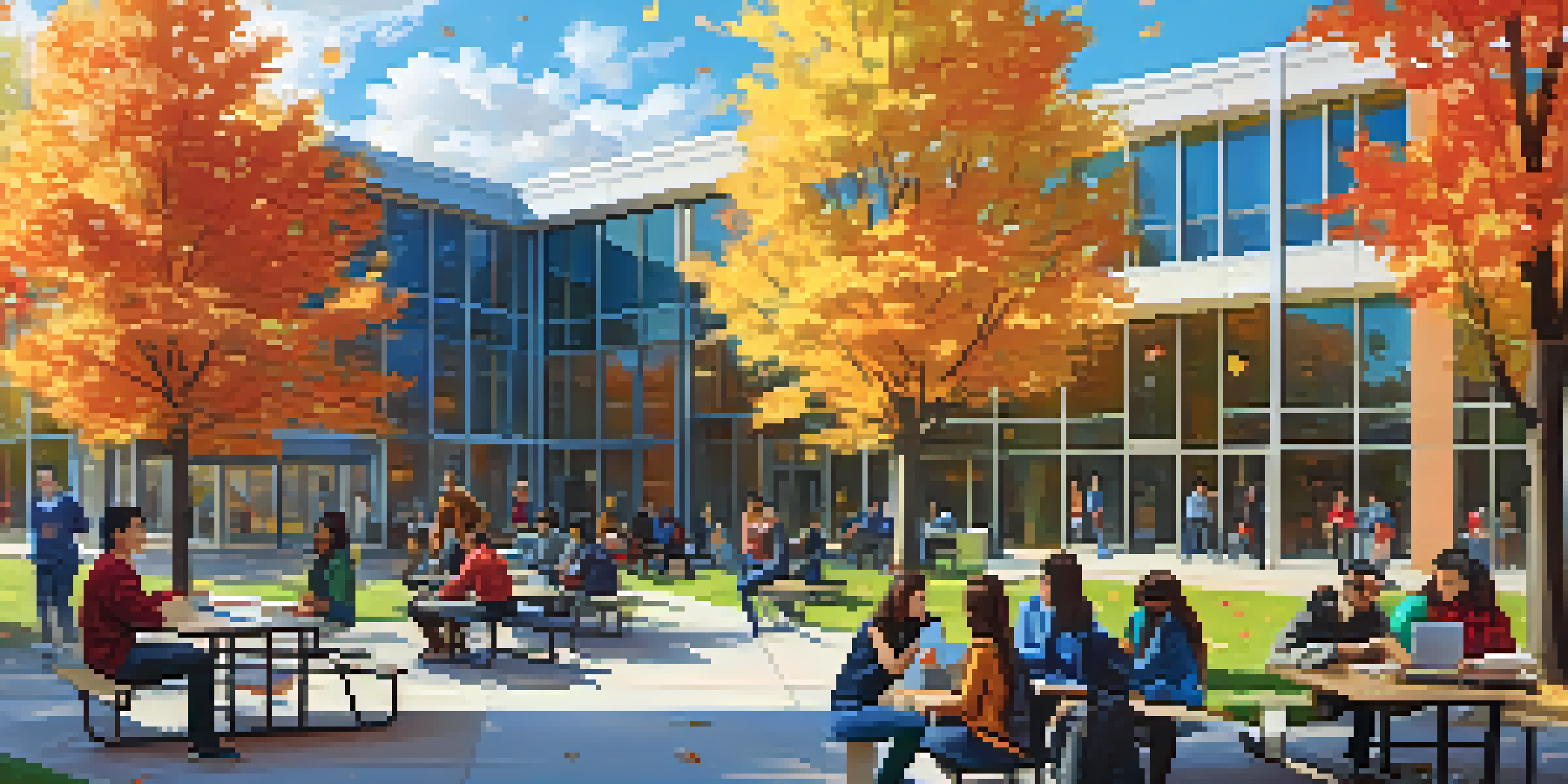 A college campus with diverse students studying together at a picnic table, surrounded by trees and a modern building.