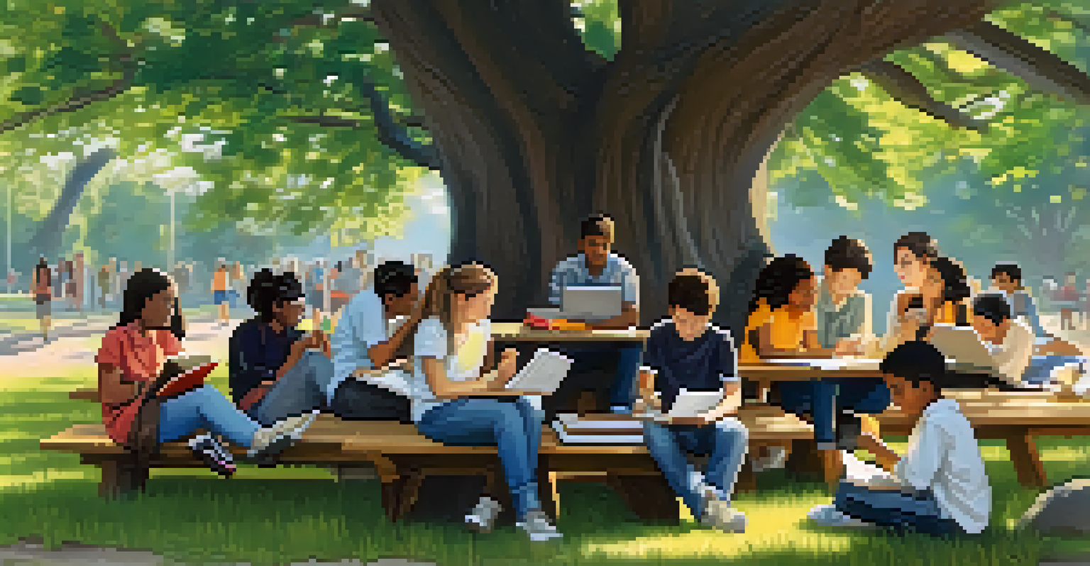 Students from diverse cultures participating in a discussion outdoors, surrounded by nature, representing educational exchange.