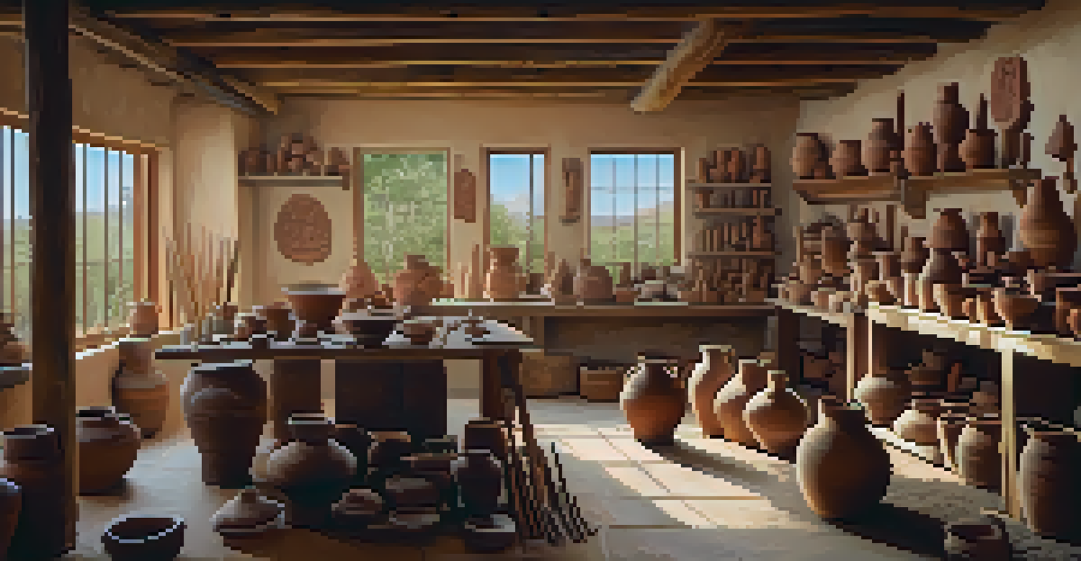 Artisans working on Native American pottery in a sunlit workshop, surrounded by clay and traditional decor.