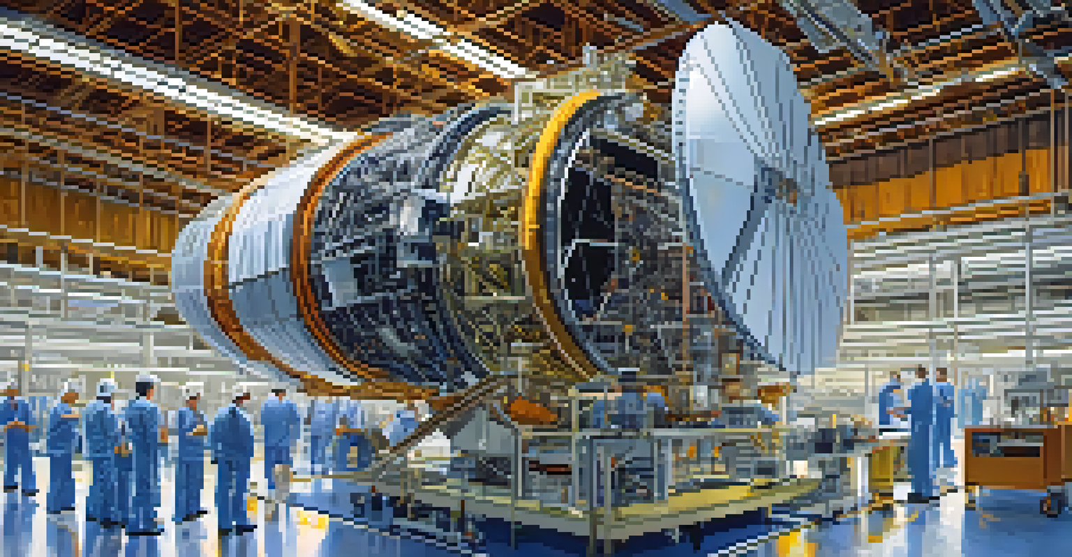 Close-up of engineers assembling a satellite in a modern aerospace facility.