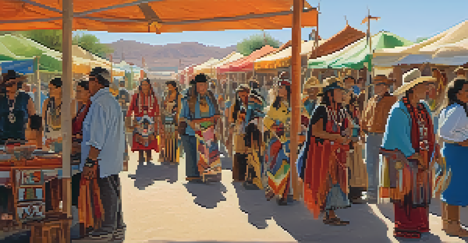 A lively Native American cultural festival in Arizona with artists displaying their crafts and attendees engaging with them.
