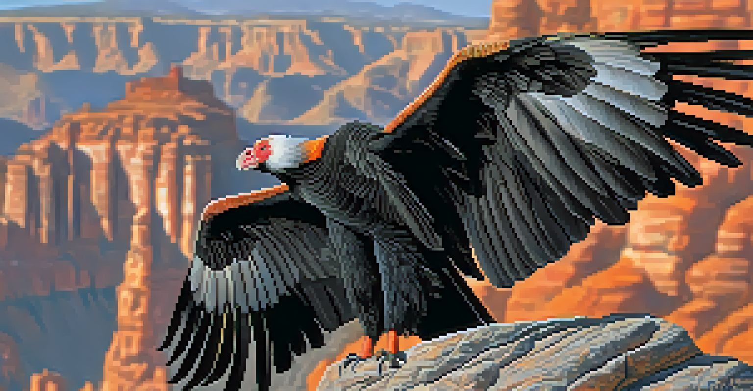 A close-up of a California condor on a rocky outcrop with mountains in the background.