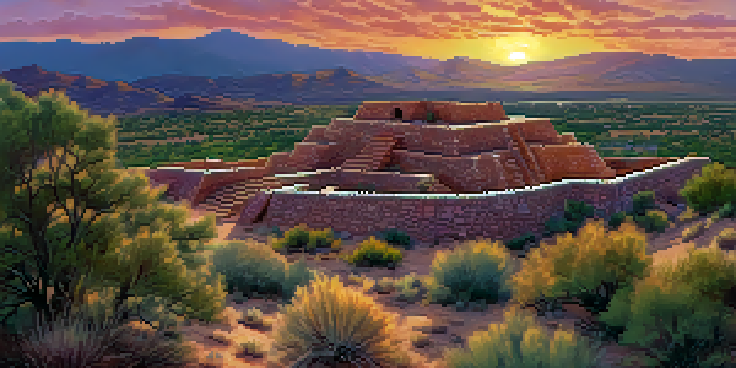 A panoramic view of Tuzigoot National Monument at sunset, highlighting the ancient stone ruins with vibrant sky colors in the background.