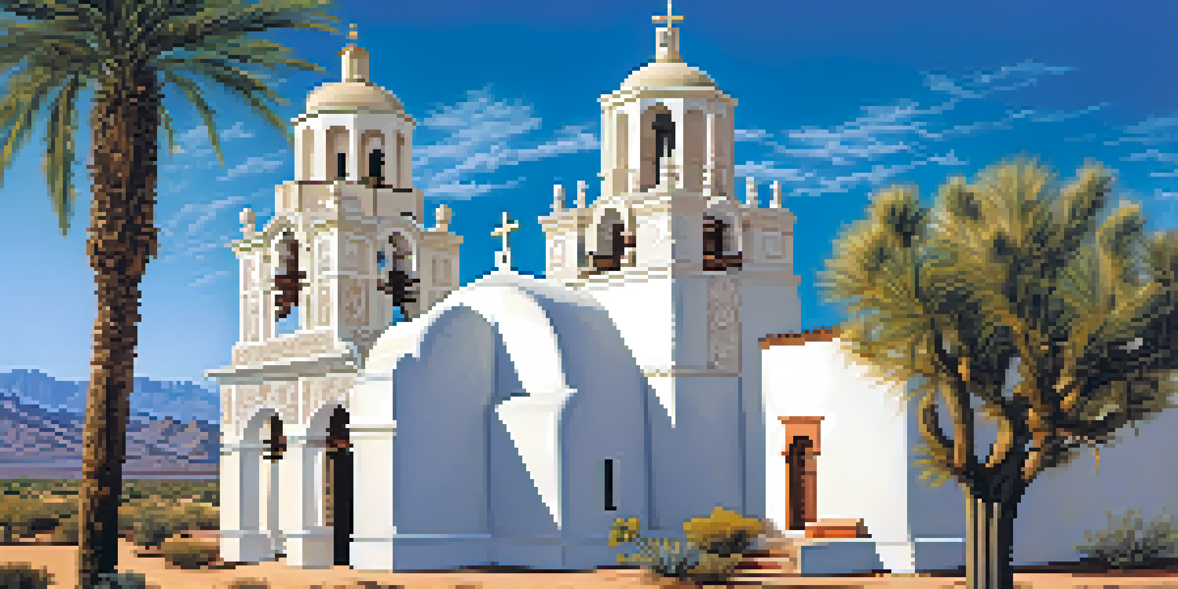 A picturesque view of Mission San Xavier del Bac, a historic church with white walls and detailed carvings, set in the Sonoran Desert.