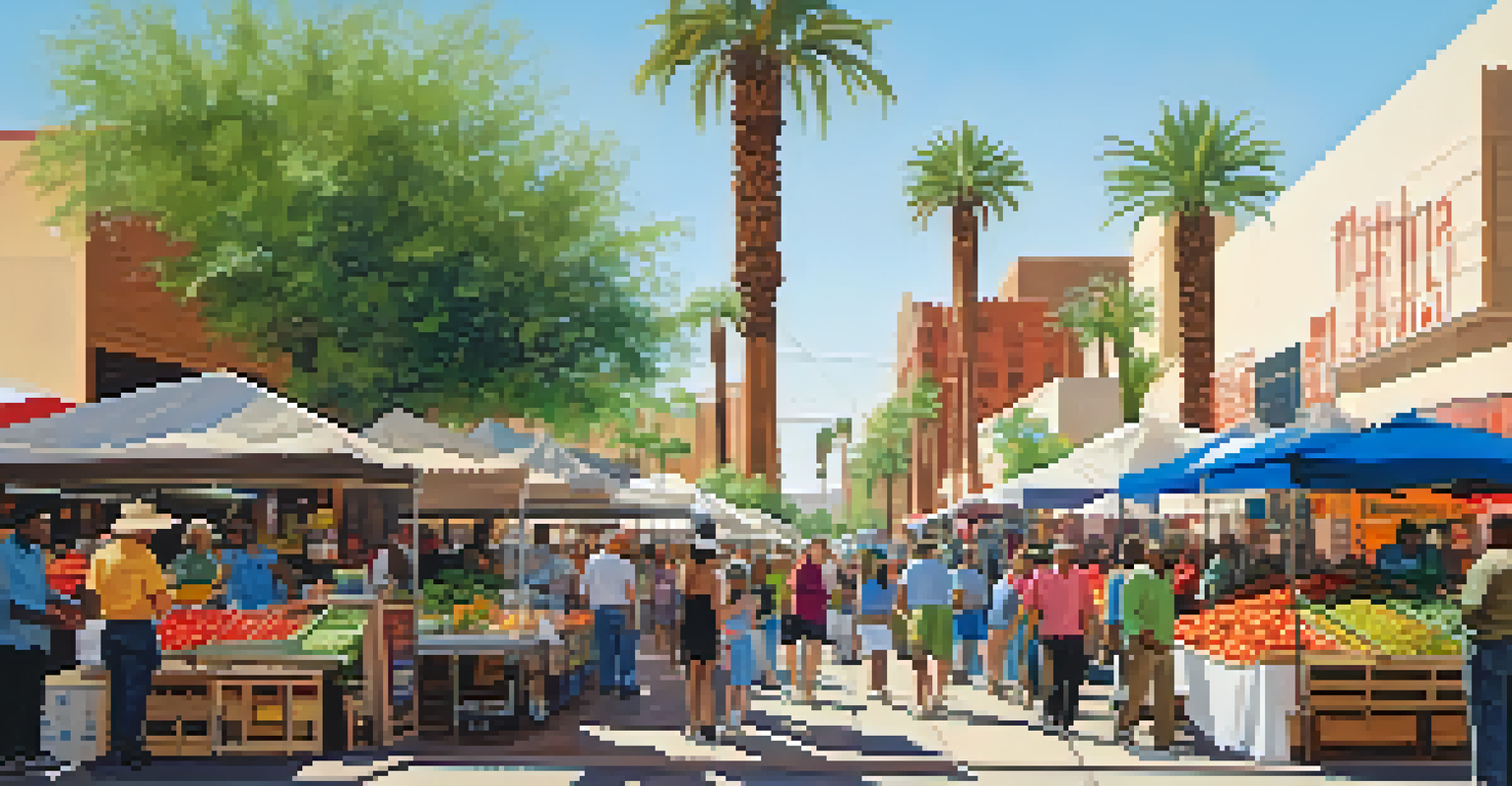 A lively market scene in downtown Phoenix with colorful stalls and people shopping.
