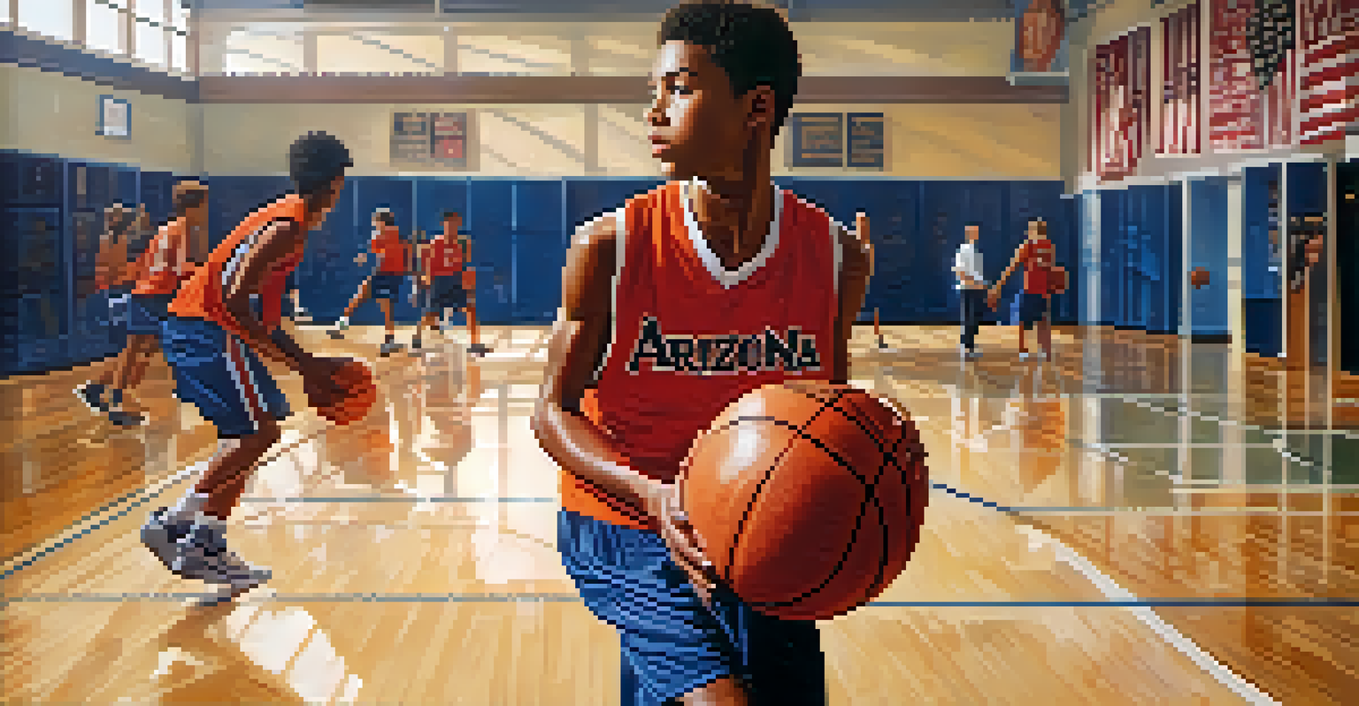 A focused young athlete practicing basketball in a gym, wearing an Arizona college jersey, with natural light illuminating the space.