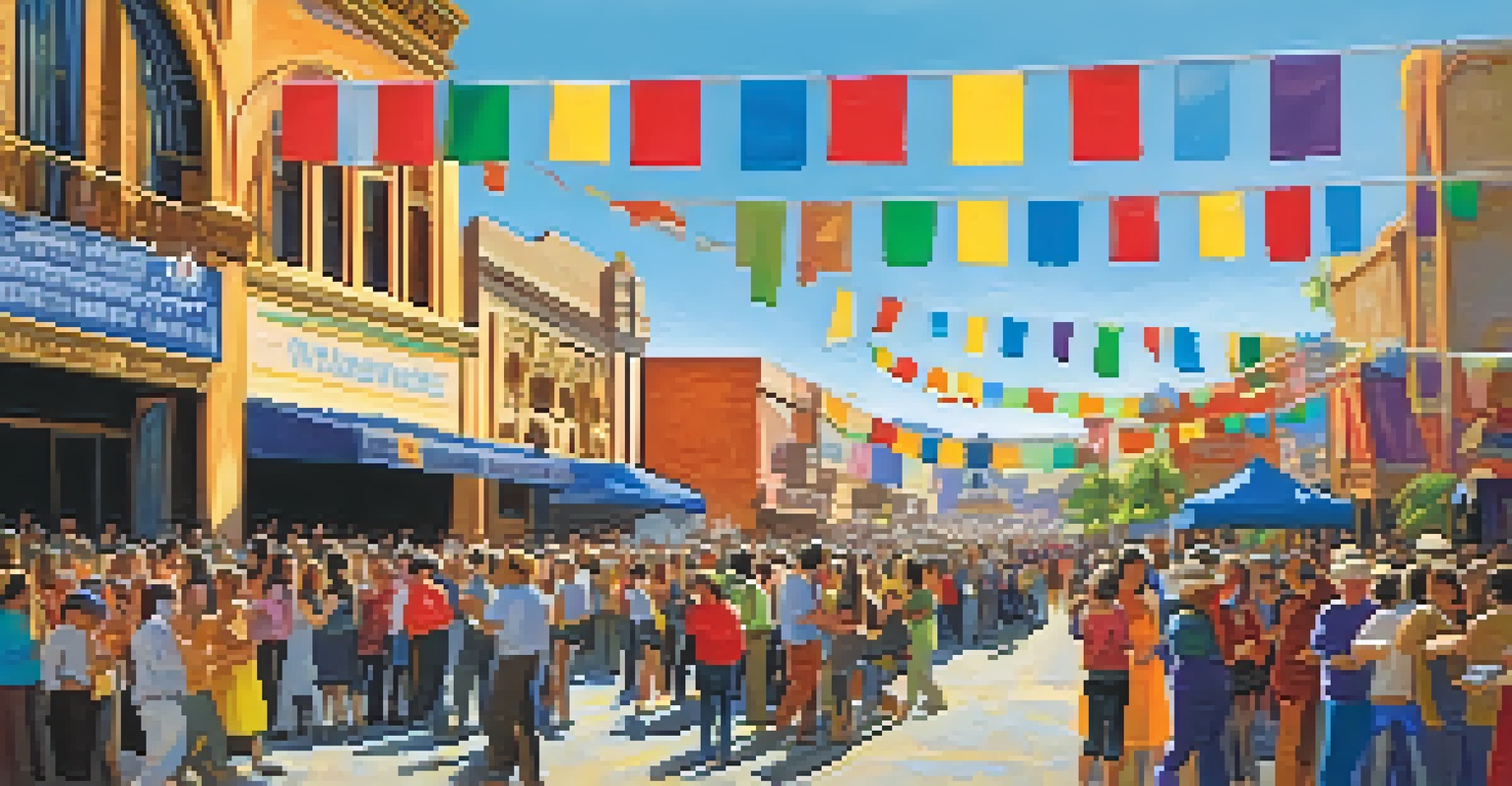 Community arts festival outside the Granada Theatre with local artists performing and a captivated audience, surrounded by colorful decorations.