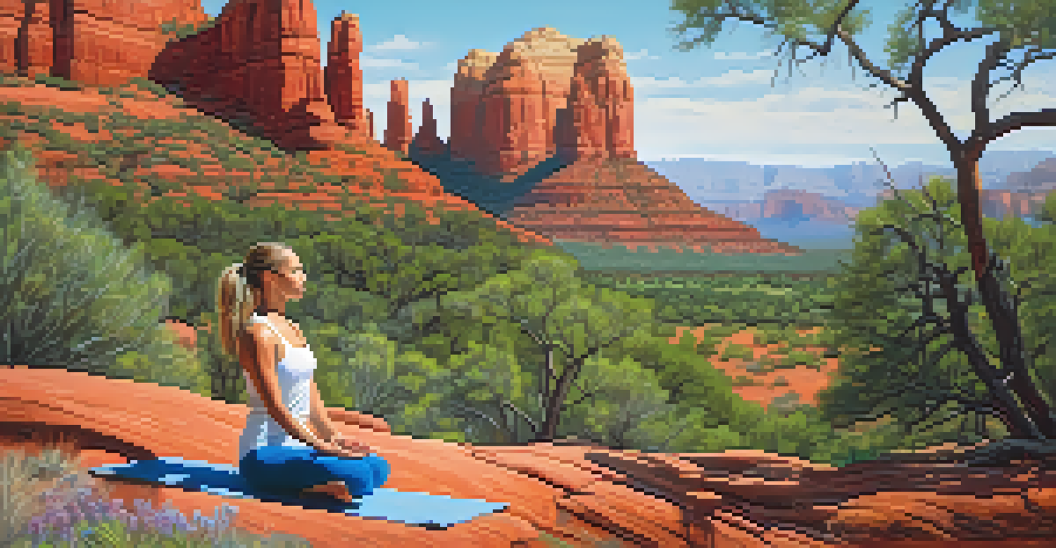 A person doing yoga on a rock in Sedona, surrounded by red rock formations and wildflowers.