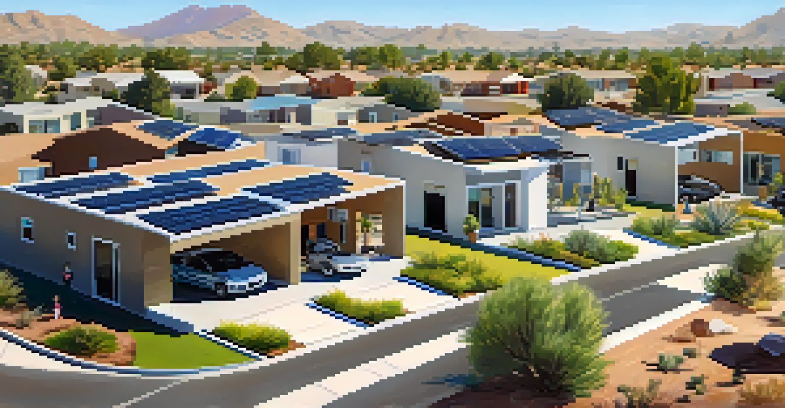A modern Arizona neighborhood with homes featuring solar panels and families enjoying the outdoors.