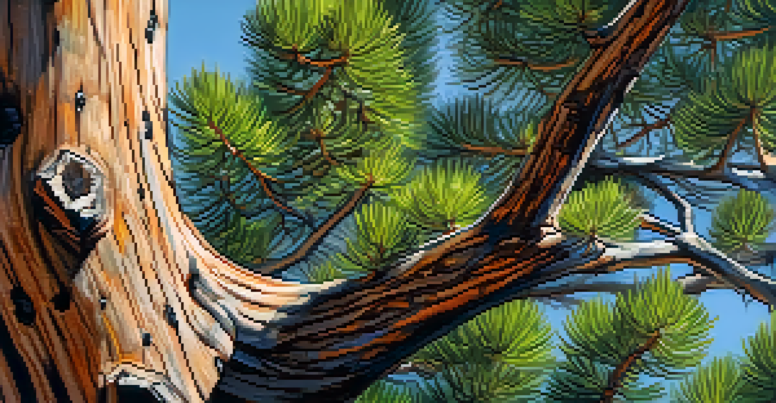 A close-up of a fire-damaged ponderosa pine tree in Arizona, with new green growth and sunlight creating patterns on the ground.