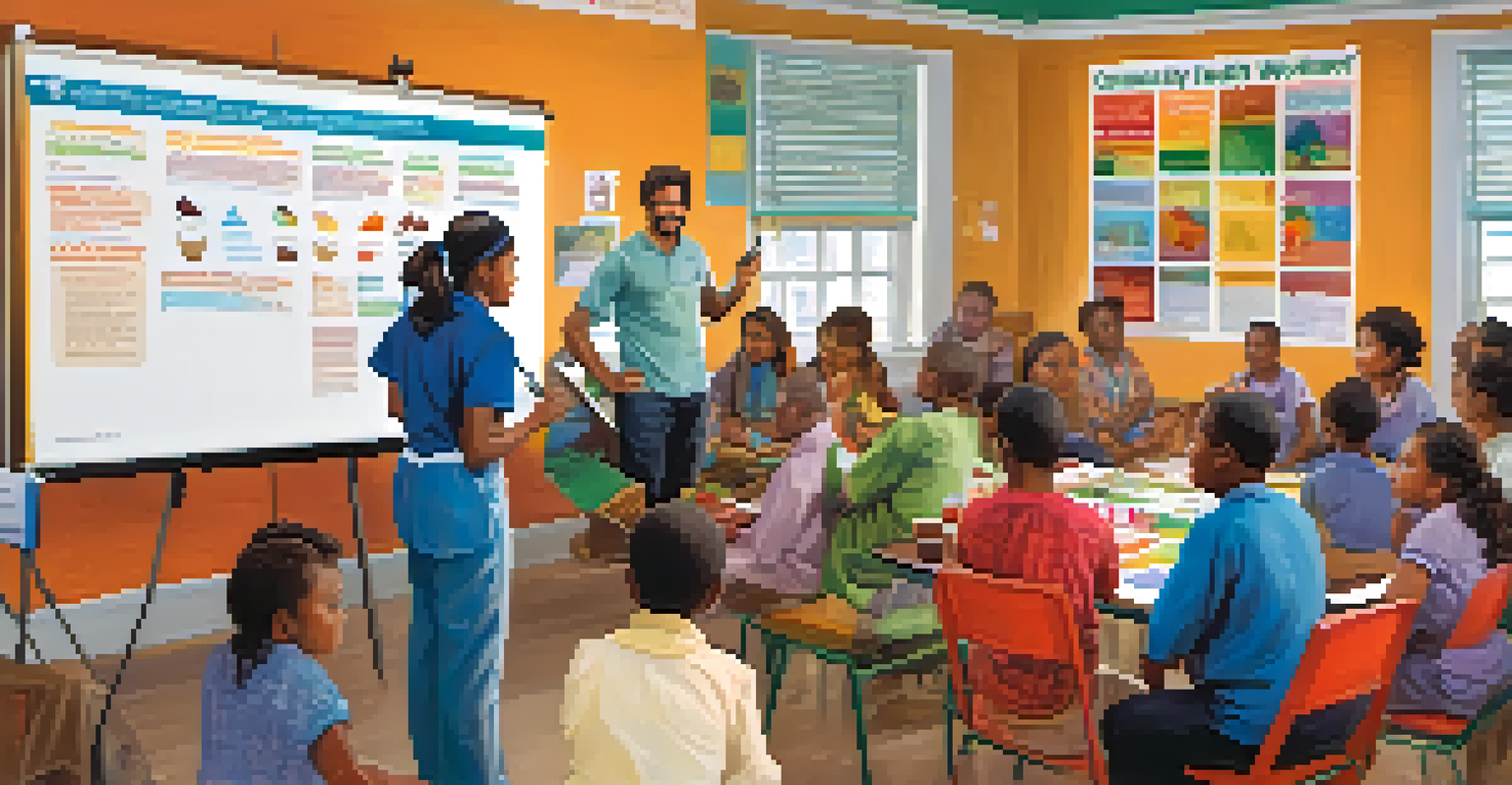 A Community Health Worker leading a health education workshop with a diverse group of attendees in a colorful room.