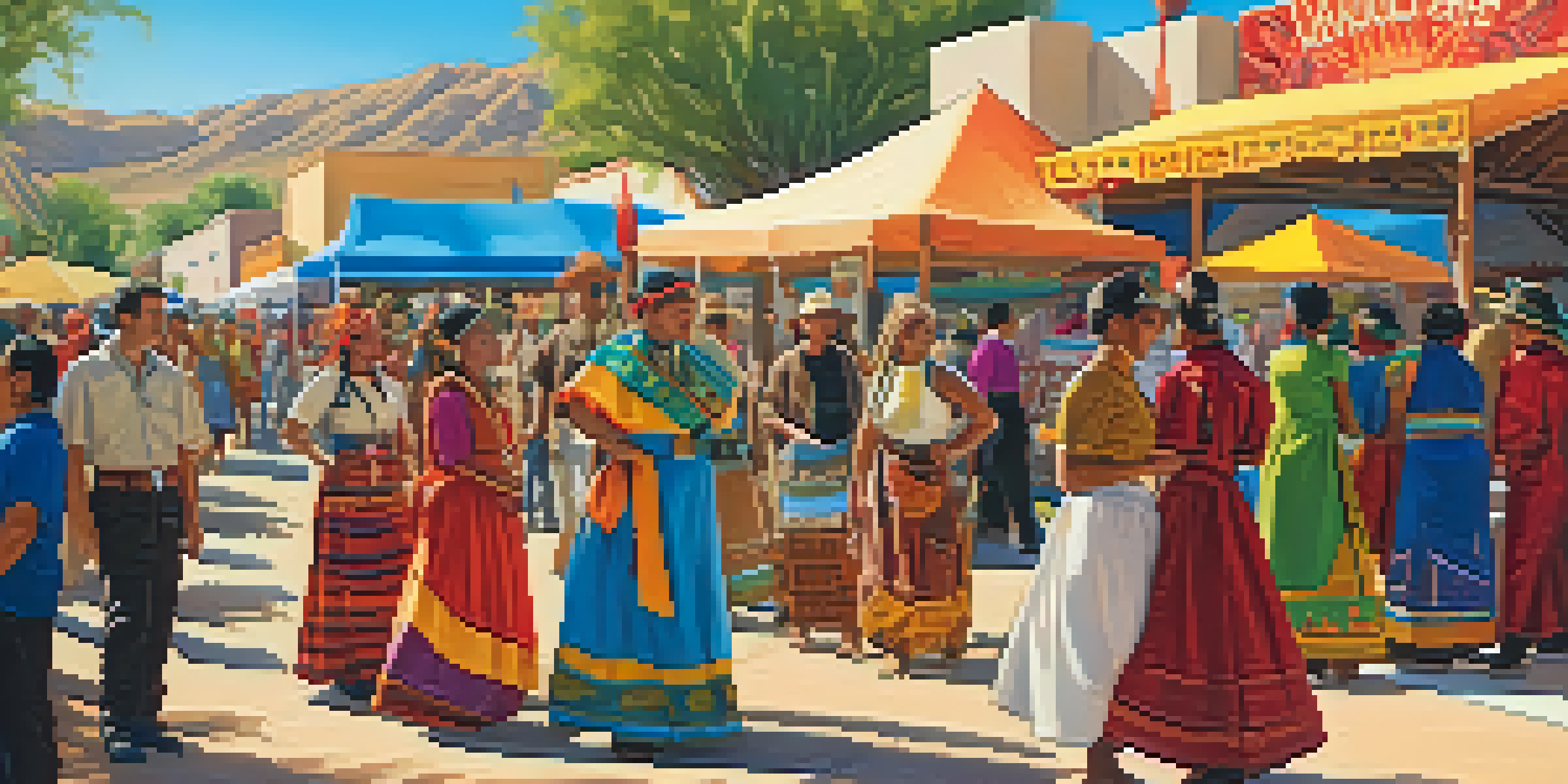 A lively festival in Arizona with people in traditional clothing, colorful decorations, and food stalls, set against a sunny landscape.