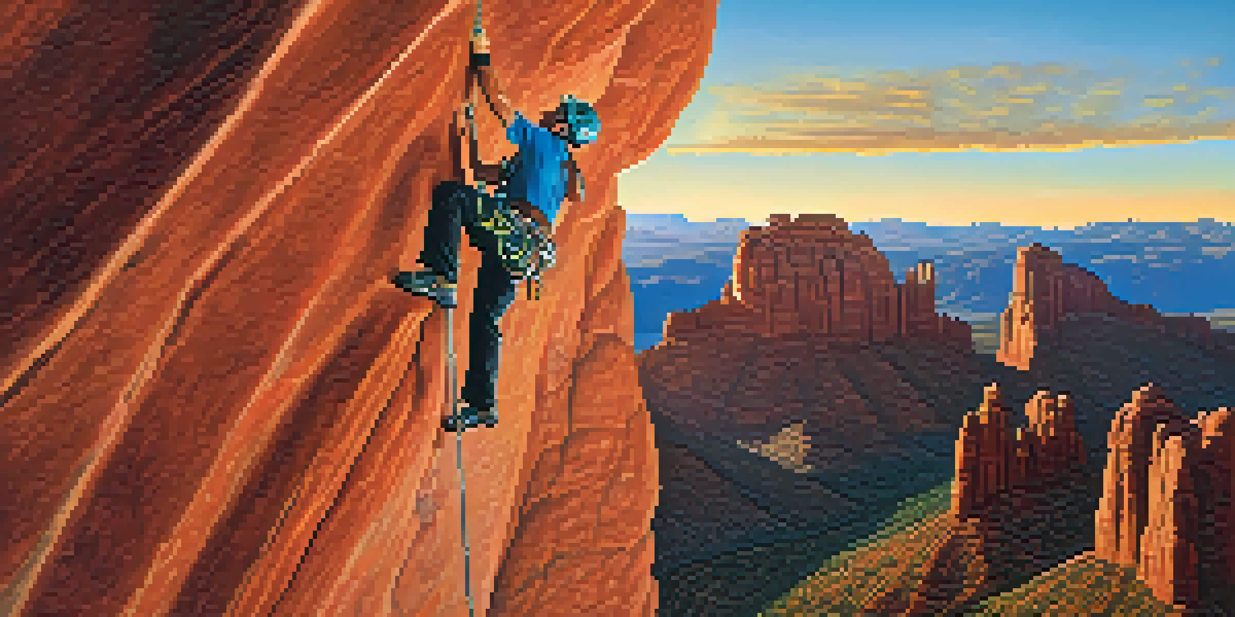 A rock climber scaling a red rock formation in Arizona during sunset, with bright climbing gear and a scenic background.