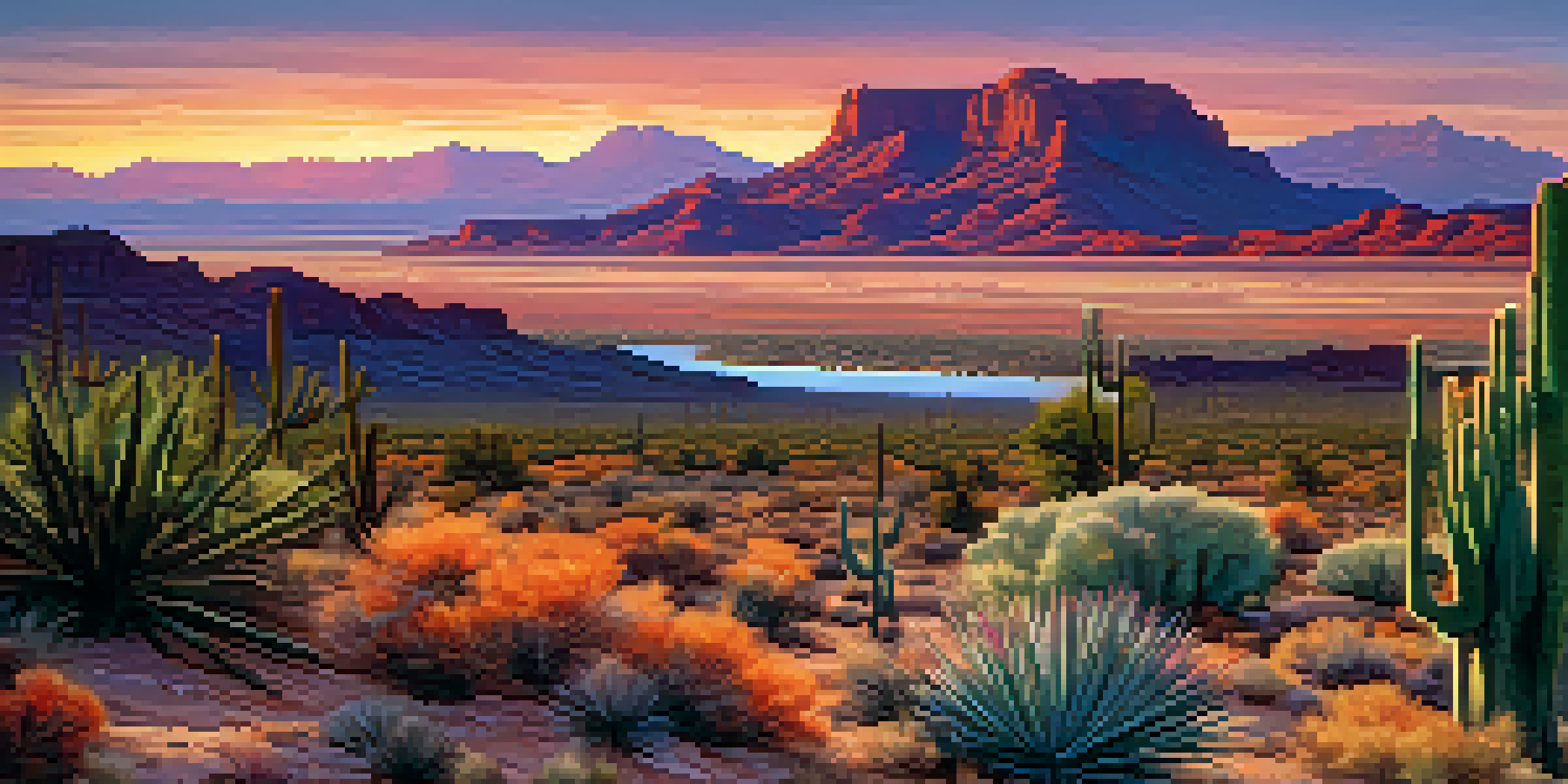 A picturesque view of the Colorado River in Arizona at sunset, surrounded by desert plants and distant mountains.
