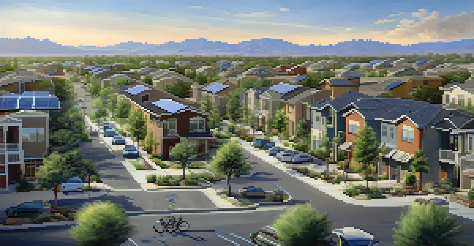 An aerial view of a sustainable neighborhood in Arizona, featuring mixed-use developments and green spaces with solar panels and people walking.