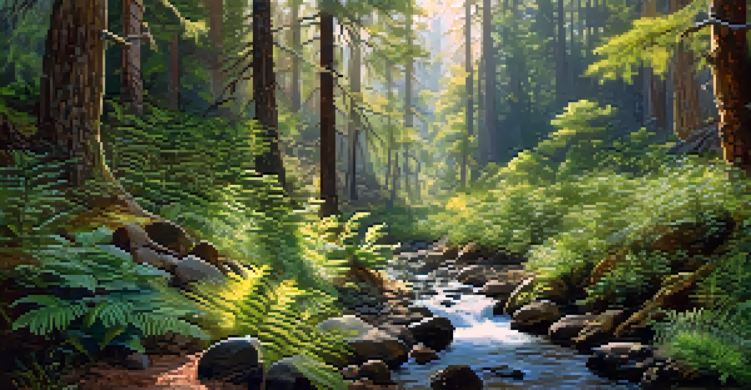 A lush forest scene in Arizona with endemic plants and a small stream.