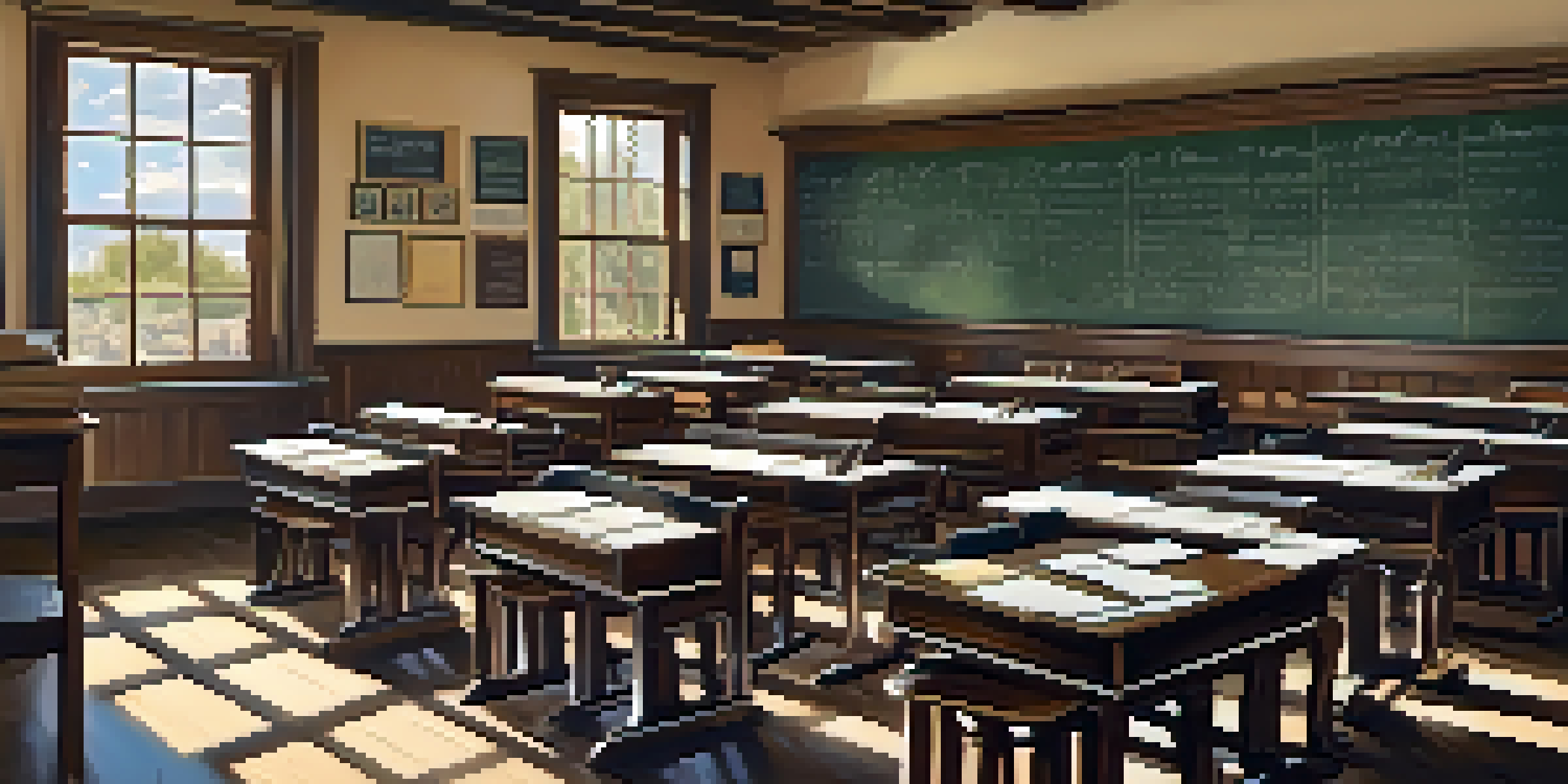 A historic classroom in Territorial Arizona with wooden desks, a chalkboard, and sunlight streaming through windows, depicting mid-19th century education.