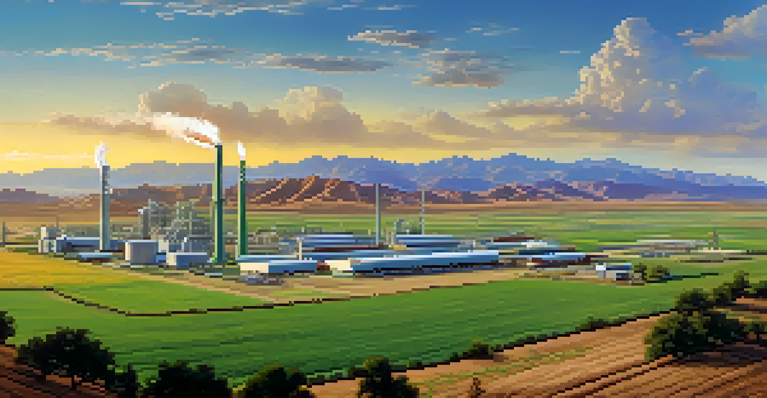A scenic rural landscape in Arizona showcasing diverse industries like agriculture, manufacturing, and technology with mountains in the background.