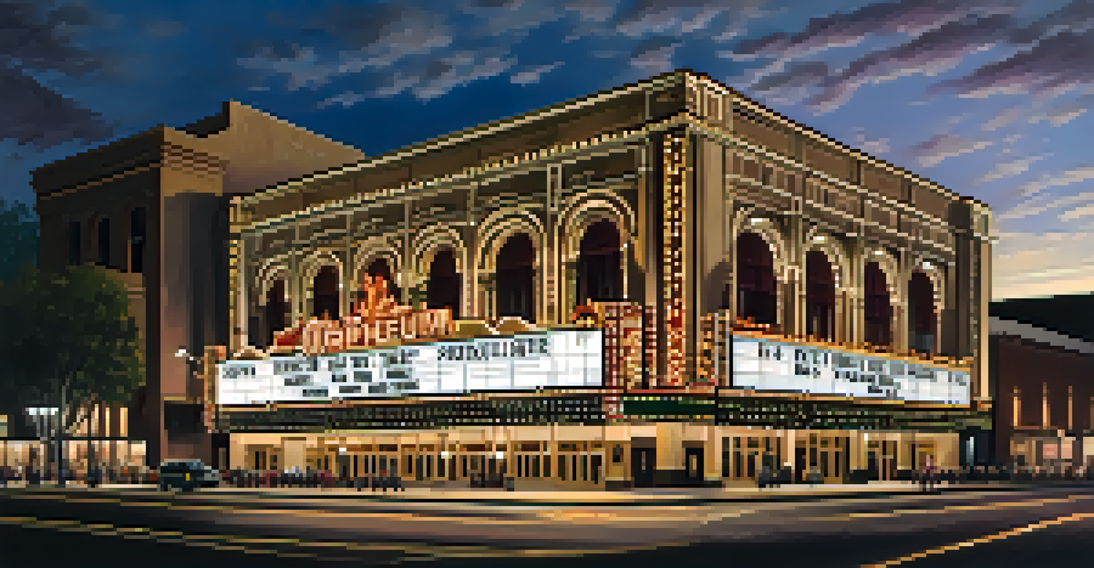 The illuminated facade of the historic Orpheum Theatre in Phoenix, bustling with visitors and showcasing its cultural importance.