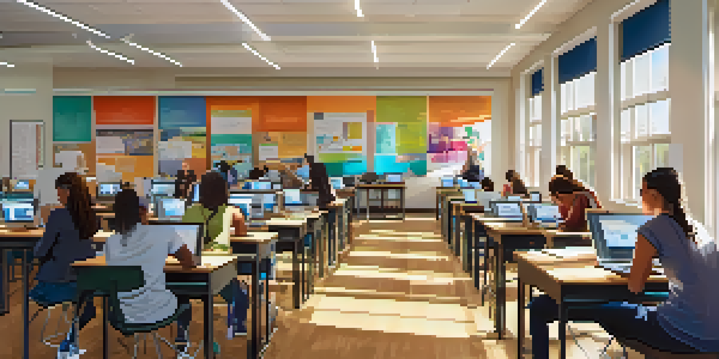 A diverse group of students in a community college classroom, engaged in hands-on training with modern technology and bright natural light.