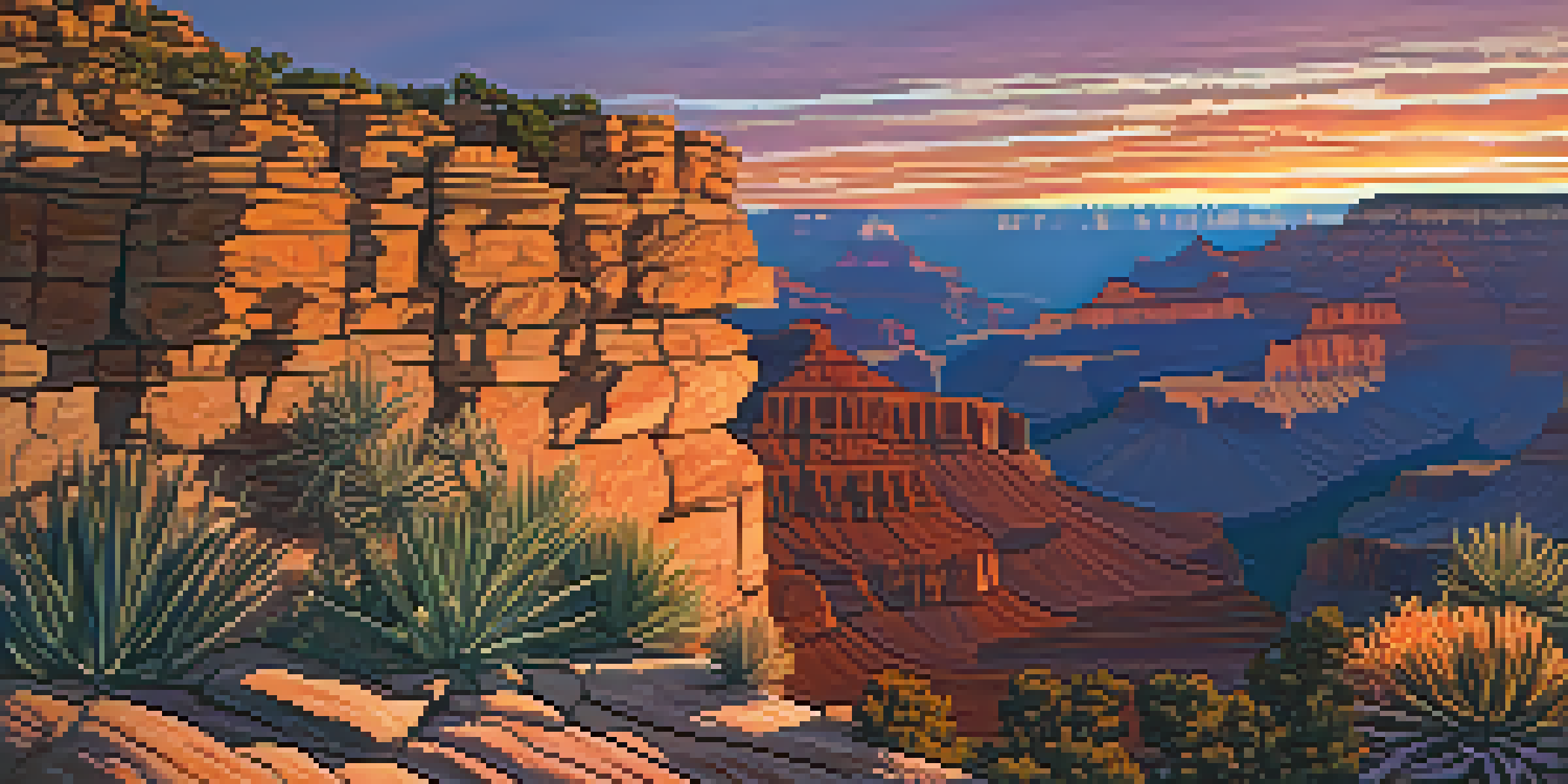 A panoramic view of the Grand Canyon at sunset with vibrant colors in the sky and shadows across the canyon floor.