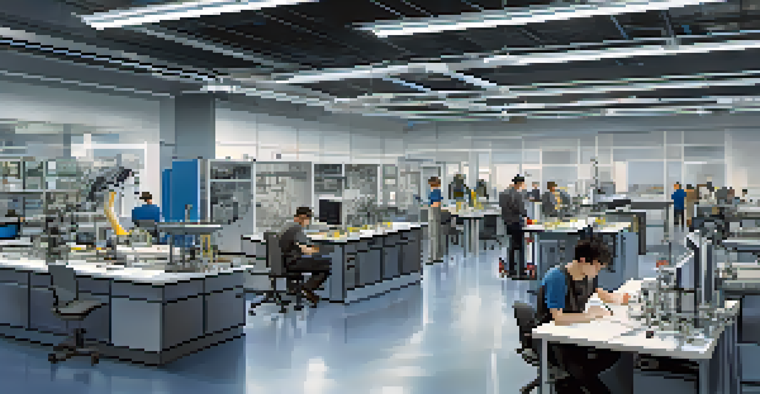 Students in a university aerospace lab designing a satellite, with advanced machinery and blueprints around them.