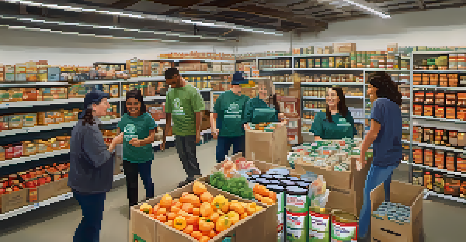 Volunteers sorting food at a food bank, creating a warm and inviting atmosphere.