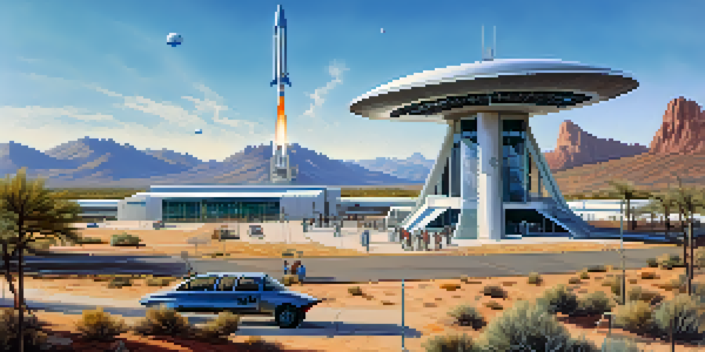 A bright Arizona landscape with a futuristic aerospace facility and students observing rocket launch preparations.