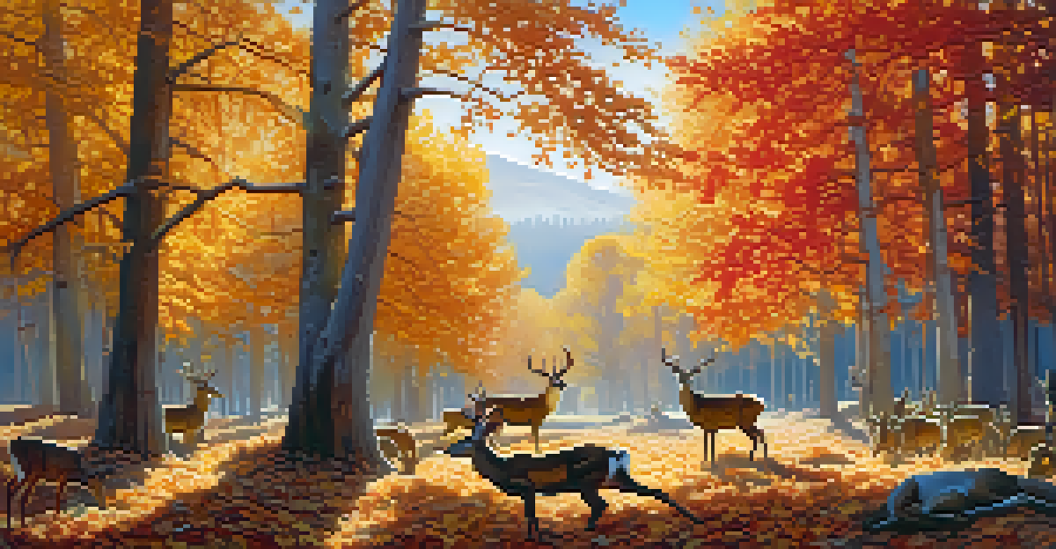 An autumn forest in Arizona with colorful leaves and deer foraging in a sunny landscape.