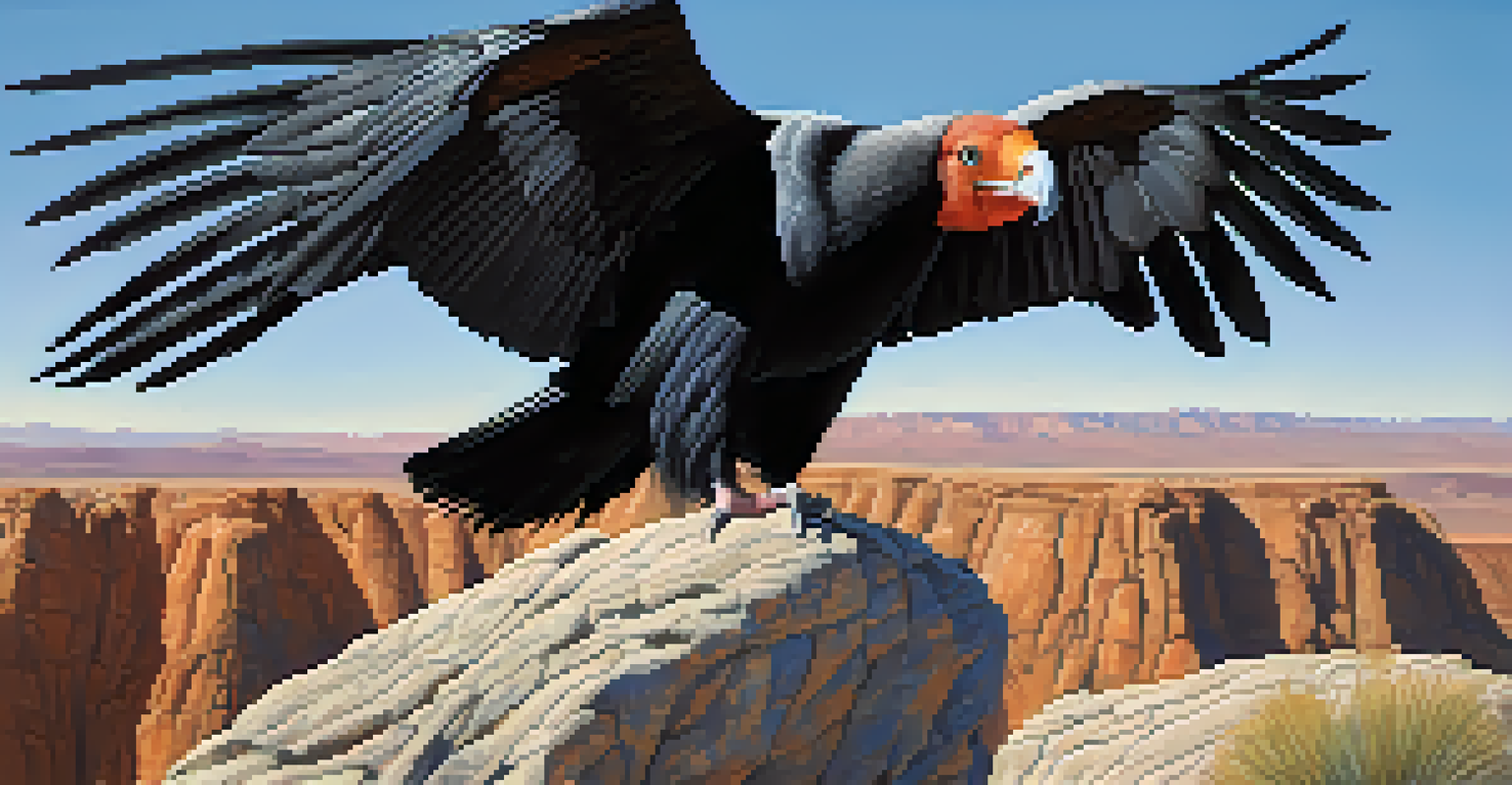 A California condor with its wings spread, perched on a rocky outcrop in the Arizona desert.