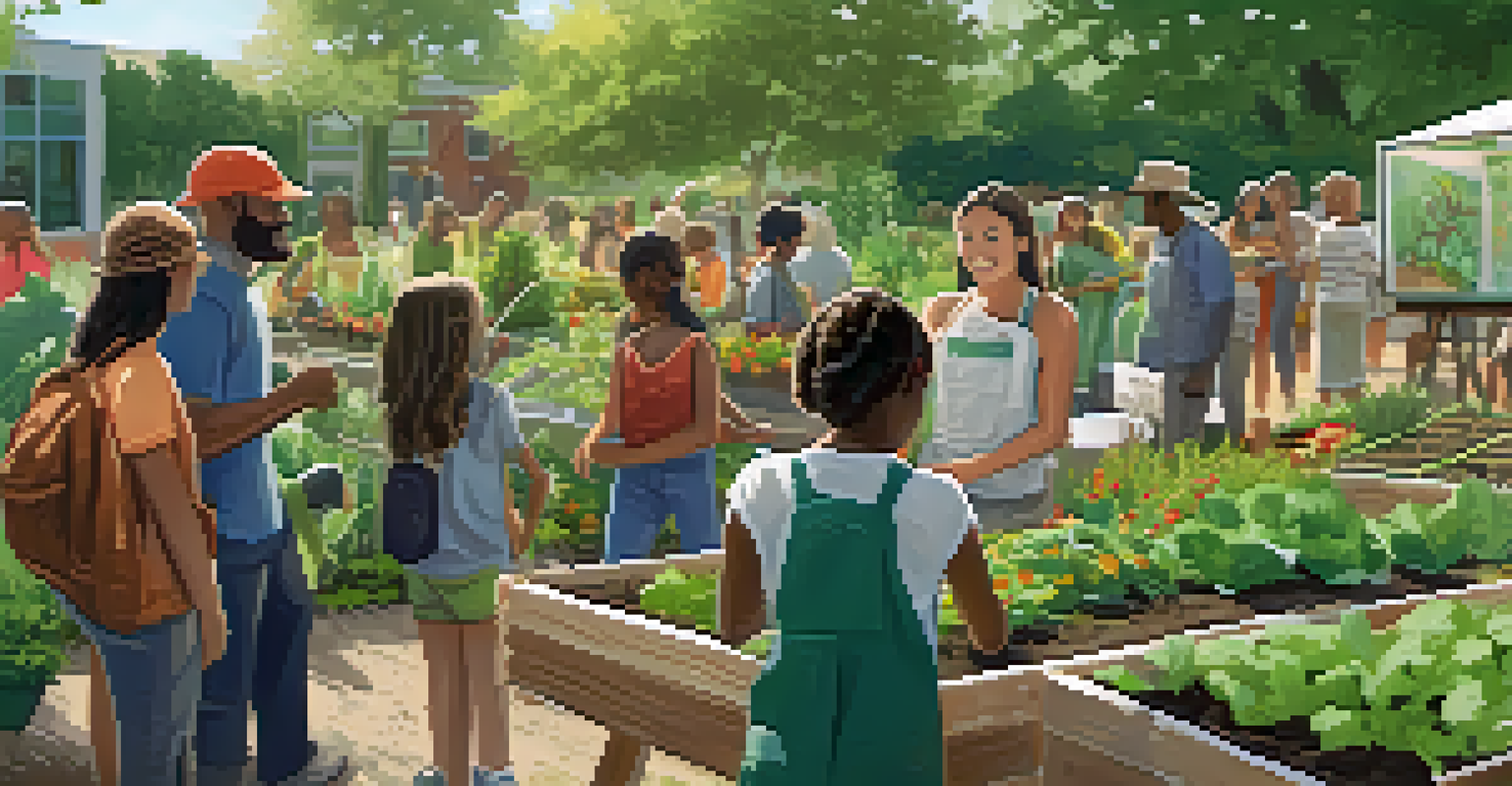 A community workshop in a garden, where participants of various ages learn about sustainable gardening amidst lush greenery.