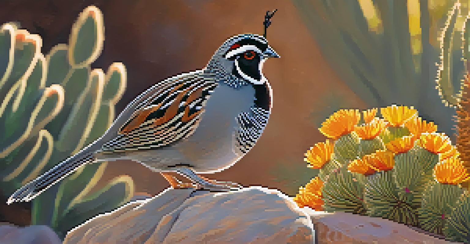 A Gambel's quail resting on a rock in a garden, surrounded by native desert plants and flowers.