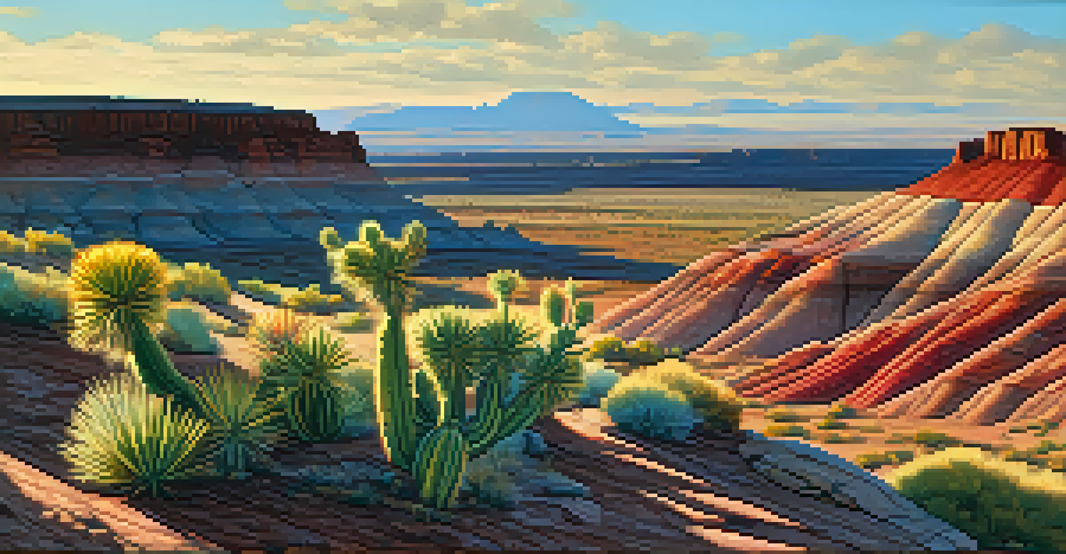 The colorful landscape of the Painted Desert with badlands and a cactus in the foreground.