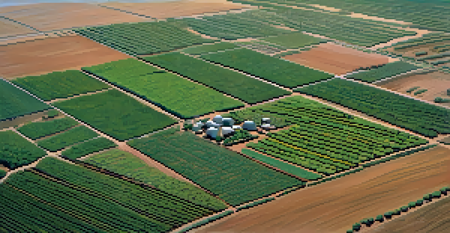 Aerial view of an Arizona farm showing modern drip irrigation and diverse crops under a sunny sky.