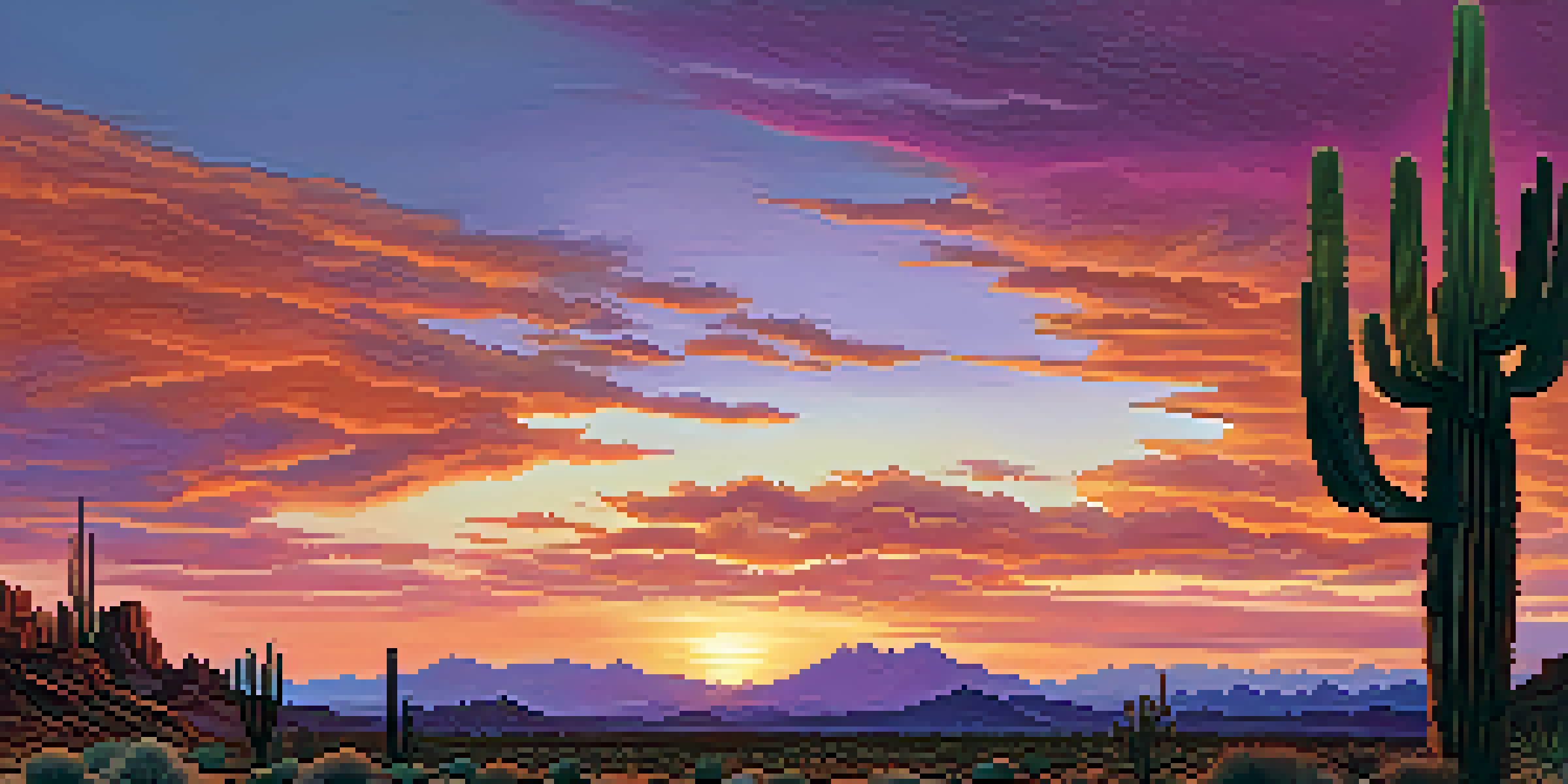 A panoramic view of the Arizona desert at sunset, featuring vibrant colors in the sky and rugged terrain.