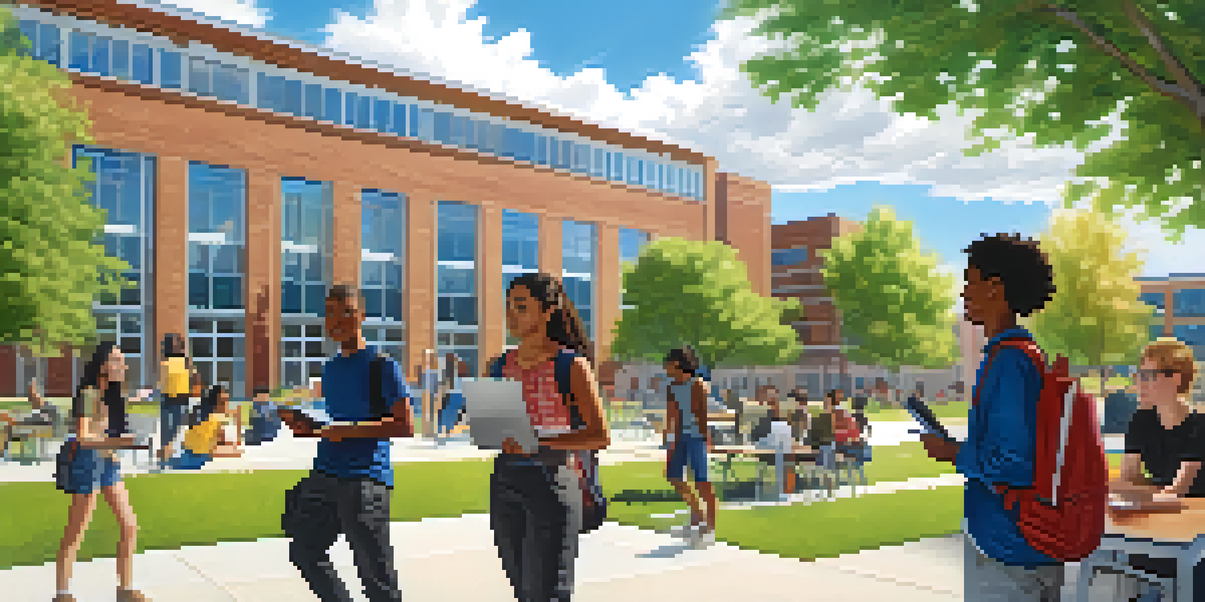 A lively community college campus with diverse students interacting and studying outdoors, surrounded by modern architecture and greenery.