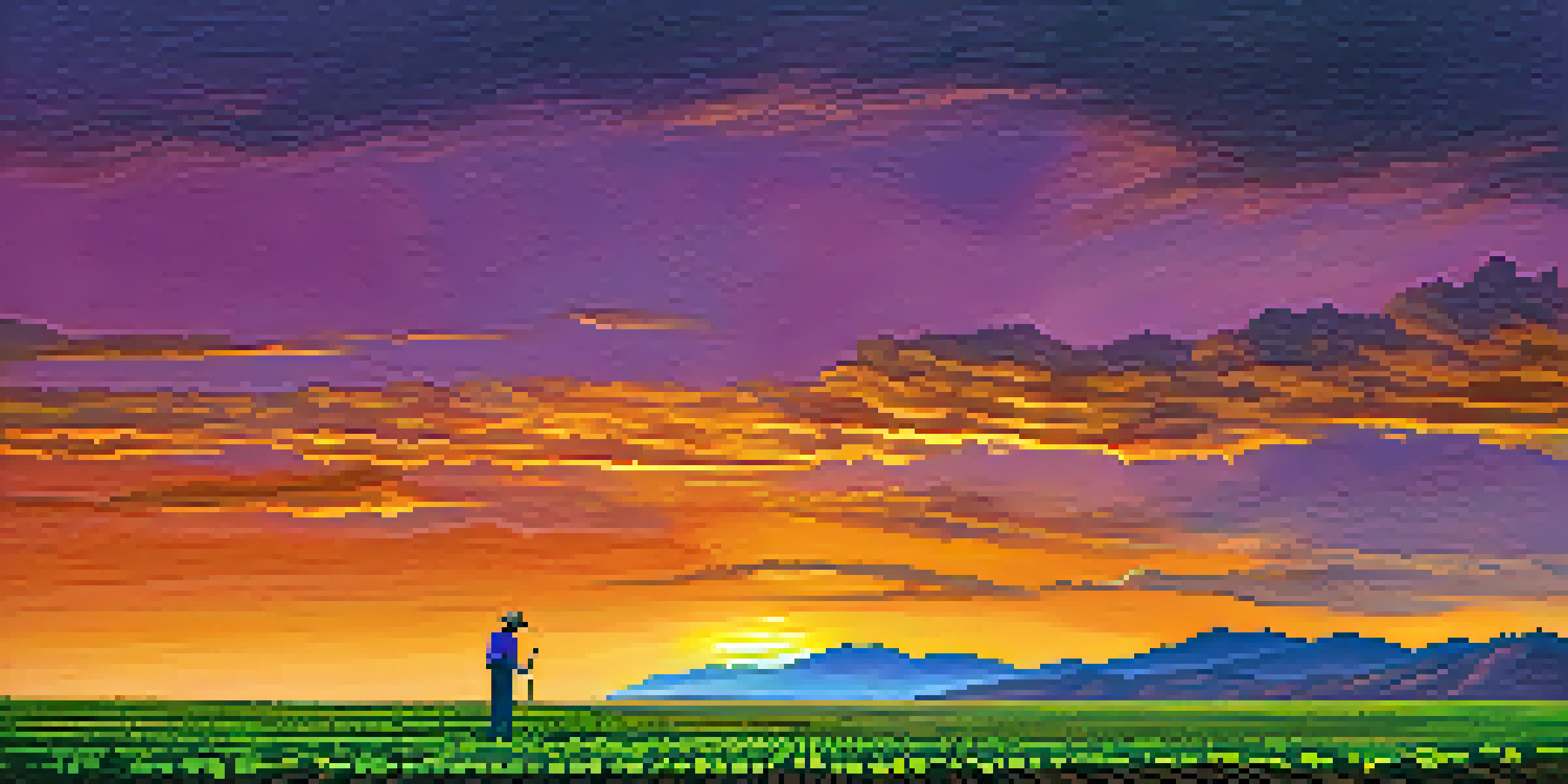 A farmer in Arizona checking soil moisture under a colorful sunset with drought-resistant crops in the foreground and mountains in the background.