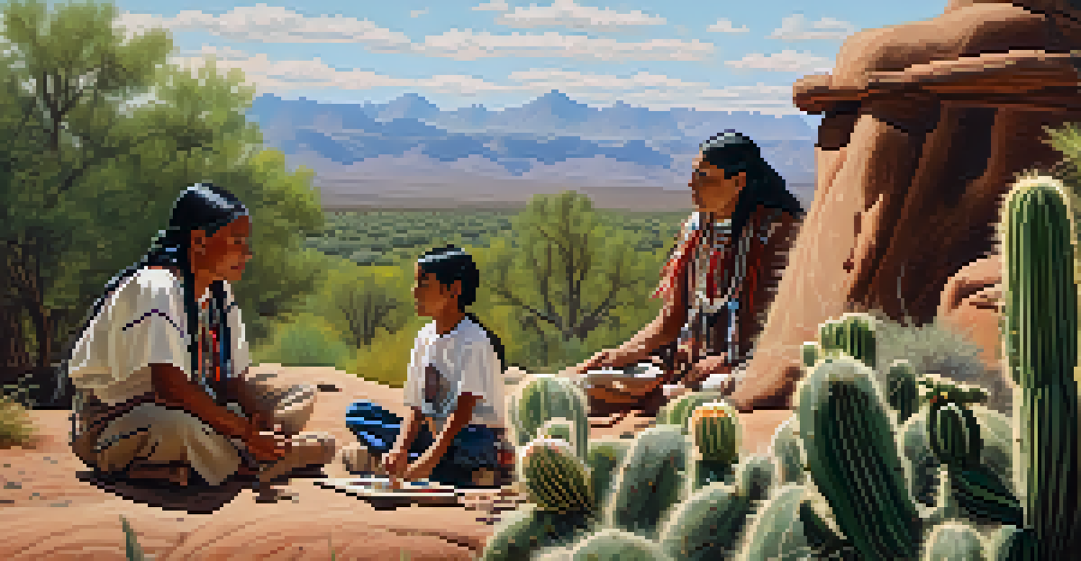 A Native American elder teaching children outdoors, surrounded by nature, sharing stories with cacti and mountains in the background.