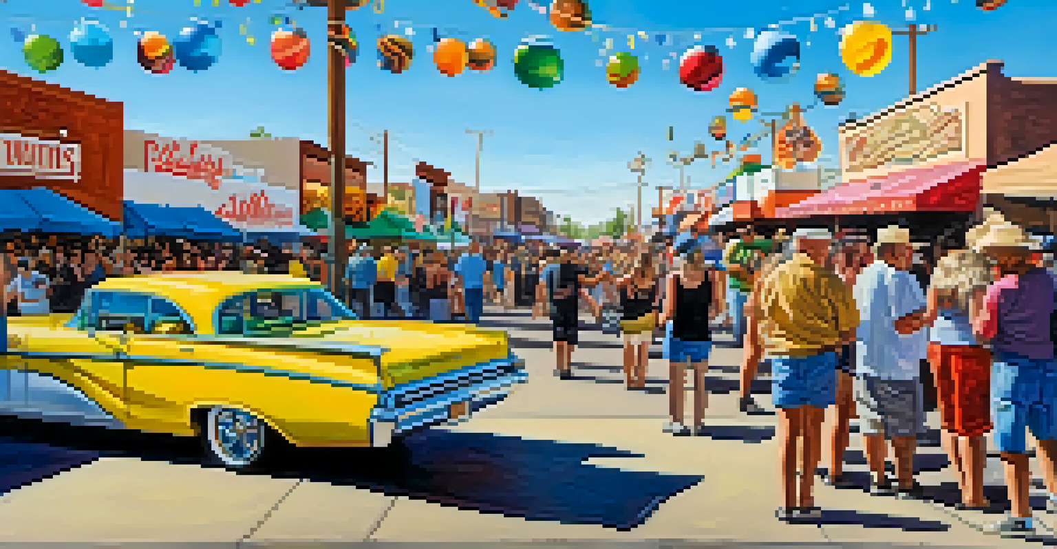 A vibrant street festival on Route 66 in Kingman, Arizona, featuring local artists, food vendors, and musicians in a festive atmosphere.