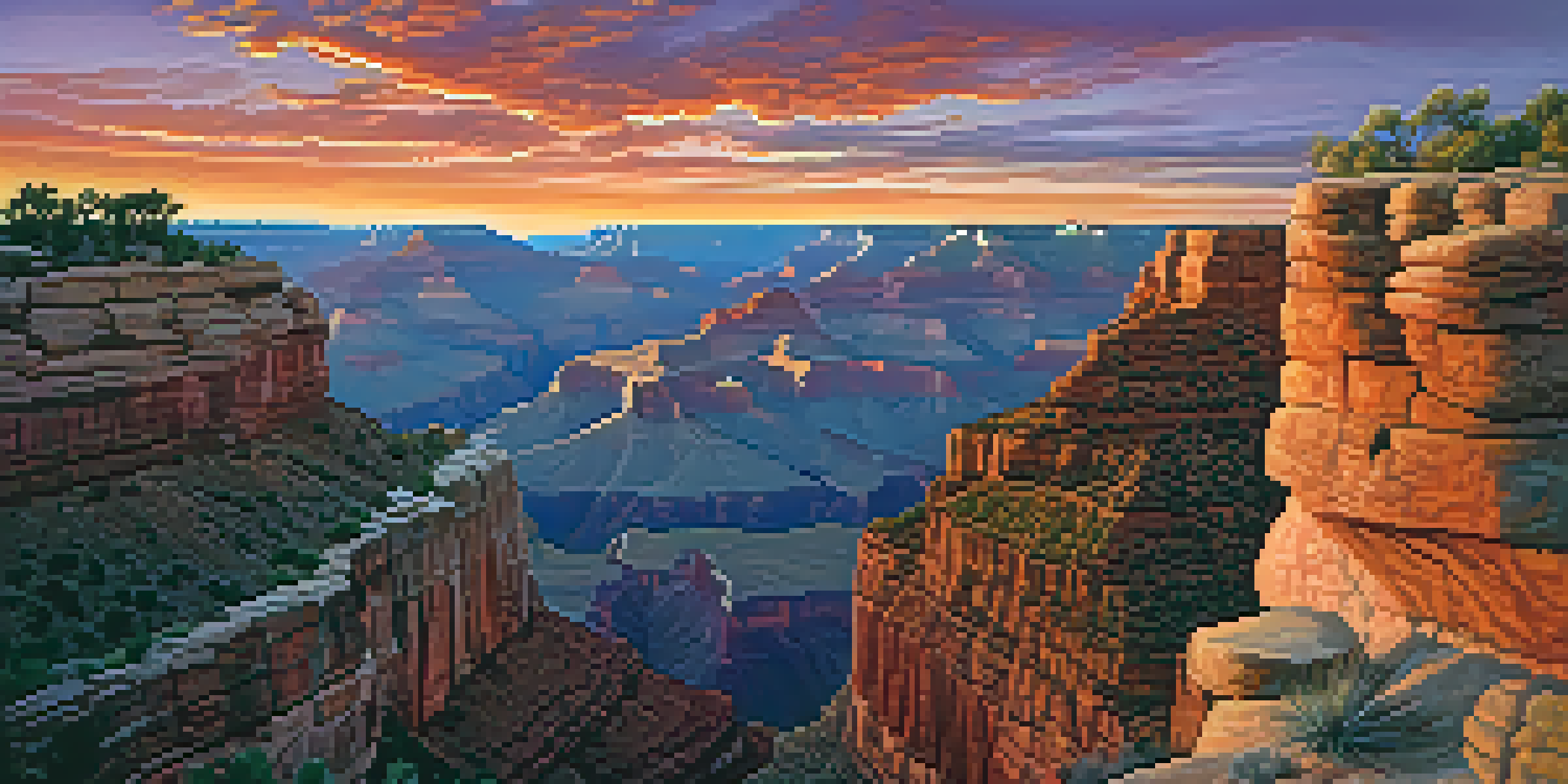 A scenic view of the Grand Canyon at sunset with colorful skies and ancient rock art in the foreground.